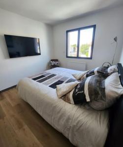 佩罗勒appartement 40 m 2的一间卧室设有一张大床和一台平面电视。