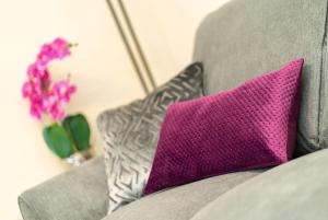 阿伯丁Rosemount Residence - SJA Stays的花瓶盖着灰色沙发上的紫色枕头