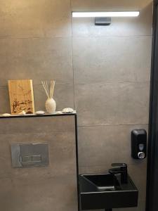 阿卢克斯内Apartamenti Ezera Pērle的一间带水槽和墙壁的浴室