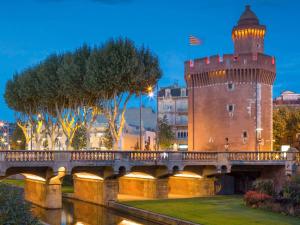 佩皮尼昂佩皮尼昂中心宜必思快捷酒店的一座城堡和一座河上的桥梁