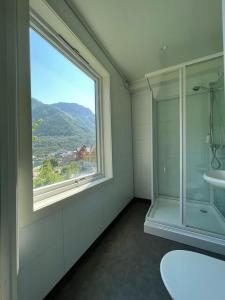 奥达Odda City Apartments的配有窗户、淋浴和盥洗盆的浴室