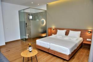 依克希亚卡蒂娅公寓式酒店的一间卧室设有一张床和一个玻璃淋浴间