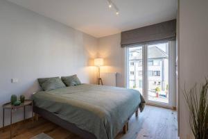 卢森堡Renovated 2 Bedroom Apartment with Parking & AC的一间卧室设有一张床和一个大窗户