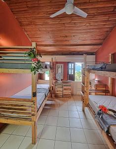 伦索伊斯Chapada Backpackers Hostel Agência的客房设有三张双层床和吊扇。