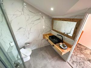 米拉斯Cabana Boutique Hotel & Cafe的一间带卫生间和镜子的浴室