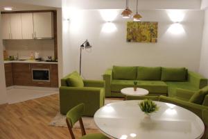 马夫罗沃Domini LakeView Apartment的客厅配有绿色沙发和桌子