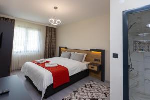 特拉布宗Moonlight Suite Hotel的一间卧室配有一张带红色毯子的大床