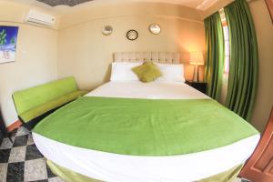 尼格瑞尔Kaiser Hotel- Negril West End的一间卧室配有一张带绿毯的大床