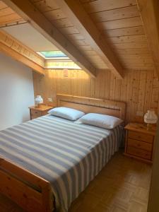 普雷达佐Appartamento Genziana的木制客房内的一间卧室配有一张大床