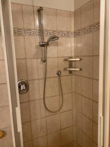 普雷达佐Appartamento Genziana的浴室内带软管的淋浴
