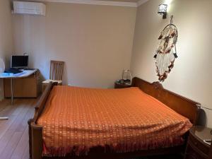 杜塞尔多夫Luxury Apartment near City Media Harbour的一间卧室配有一张带橙色棉被的床