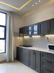 塞拉莱Rateel Apartments的厨房配有灰色橱柜和台面