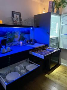 汉堡Silver City Apartment的厨房配有蓝色台面和冰箱