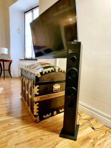 阿科梦想生活公寓的一台平面电视房间里一个大扬声器