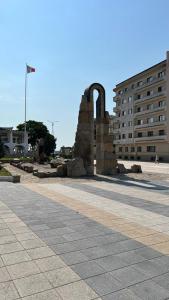 曼加利亚Central Apartment的街道中间有纪念碑的建筑物