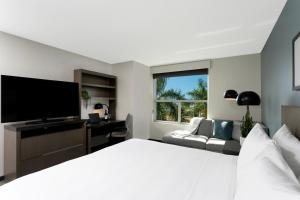 圣胡安圣胡安悦府酒店的一间卧室配有一张床、一张书桌和一台电视