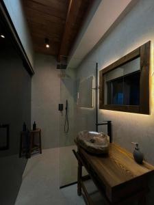 泰斯Molla Guest House的一间带水槽和玻璃淋浴的浴室
