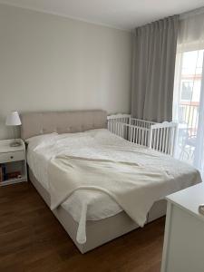 塔尔图Apartment Kvartsi的白色的卧室设有床和窗户