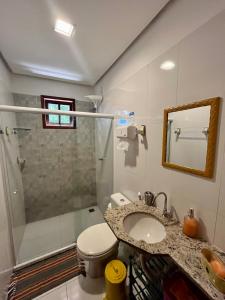伦索伊斯Apartamento Chapada Diamantina的带淋浴、卫生间和盥洗盆的浴室