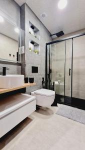 马德里La Promesa的浴室配有卫生间、盥洗盆和淋浴。