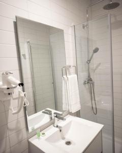 圣地亚哥Loft Nuevo en Santiago, Barrio Lastarria的浴室配有盥洗盆和带镜子的淋浴