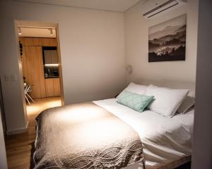 圣地亚哥Loft Nuevo en Santiago, Barrio Lastarria的卧室配有白色的床和蓝色枕头