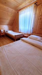 鲁比亚托沃Amber Domki Letniskowe的一间设有两张床的房间和一个位于小屋的窗户