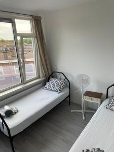 鹿特丹Sunny and spacious apartment的一间卧室设有两张床和窗户。