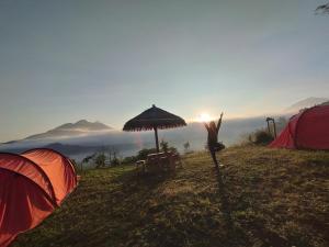 金塔马尼Kintamani Adventures 'Life Hurt, Nature Heal'的站在山丘上,手臂在帐篷旁的空中