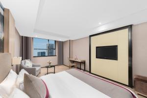 长沙莫林风尚酒店长沙梅溪湖汽车西站店的配有一张床和一台平面电视的酒店客房