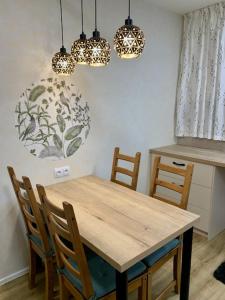 奥洛穆茨Apartmán Šnyt Primka的厨房配有木质桌椅和灯