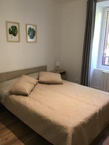 圣内克泰尔Magnifique T4 avec terrasse à Saint-Nectaire - 8 pers的卧室内的一张带两个枕头的床