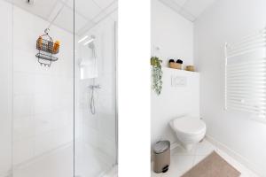 戛纳Centre studio plage et festival的带淋浴和卫生间的白色浴室