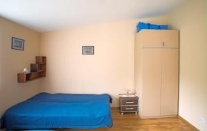 姆拉哥沃Domek na Mazurach的一间卧室配有蓝色的床和橱柜