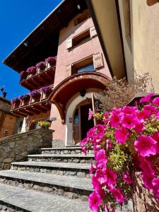 利维尼奥阿黛尔酒店的前面有楼梯和鲜花的建筑