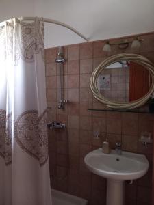 科罗皮Poly's Sea Side House的浴室配有淋浴帘和盥洗盆。
