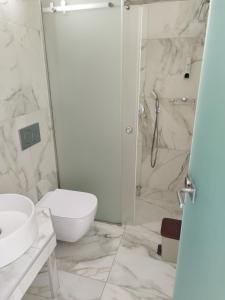 伊奥斯乔拉Ios Pelagos的带淋浴、卫生间和盥洗盆的浴室
