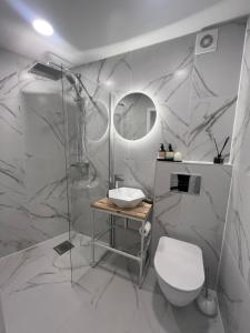 尤尔巴尔卡斯Treehouse Virš Bedugnės的白色的浴室设有卫生间和淋浴。
