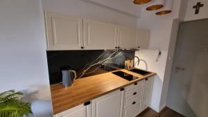 斯诺科Apartament nad zalewem 217的厨房配有白色橱柜和木制台面