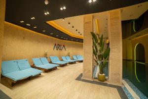 兹拉蒂博尔Aria Club Wellness&Spa Zlatibor的一间设有一排蓝色椅子的等候室