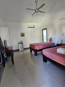 潘切Catsen Bungalows & Pool Phan Thiet的客房设有两张床和吊扇。