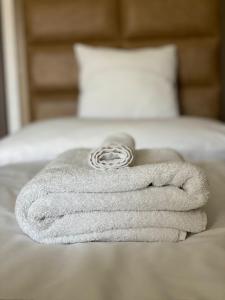 亚斯贝雷尼Blueline Motel的床上的毛巾
