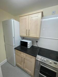 伦敦TANGO APARTMENTs的厨房配有木制橱柜和白色冰箱。