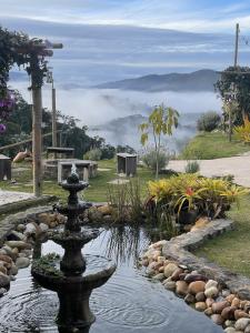 圣特雷莎Estância Shangri-La的花园中的喷泉,享有山景