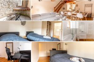蒂耶尔Le Grand Pirou # Lumineux # Halte Auvergne的卧室和客厅的照片拼合在一起
