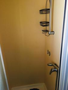 塞里尼昂Mobil-home sur terrain privé的一间带淋浴的浴室,墙上有三个篮子
