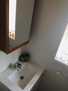 塞里尼昂Mobil-home sur terrain privé的一间带水槽和镜子的浴室以及窗户。