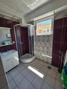 勒什Hostel Bermuda的带淋浴和盥洗盆的浴室