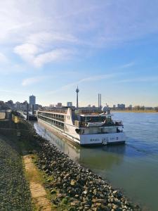 杜塞尔多夫VIVA RIVERSIDE Altstadt Düsseldorf的船停靠在水面上的码头