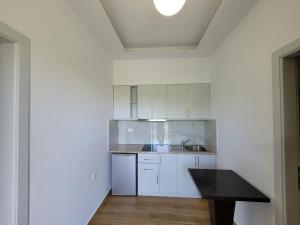 卡萨米尔Villa JIOTA的厨房配有白色橱柜和黑色台面